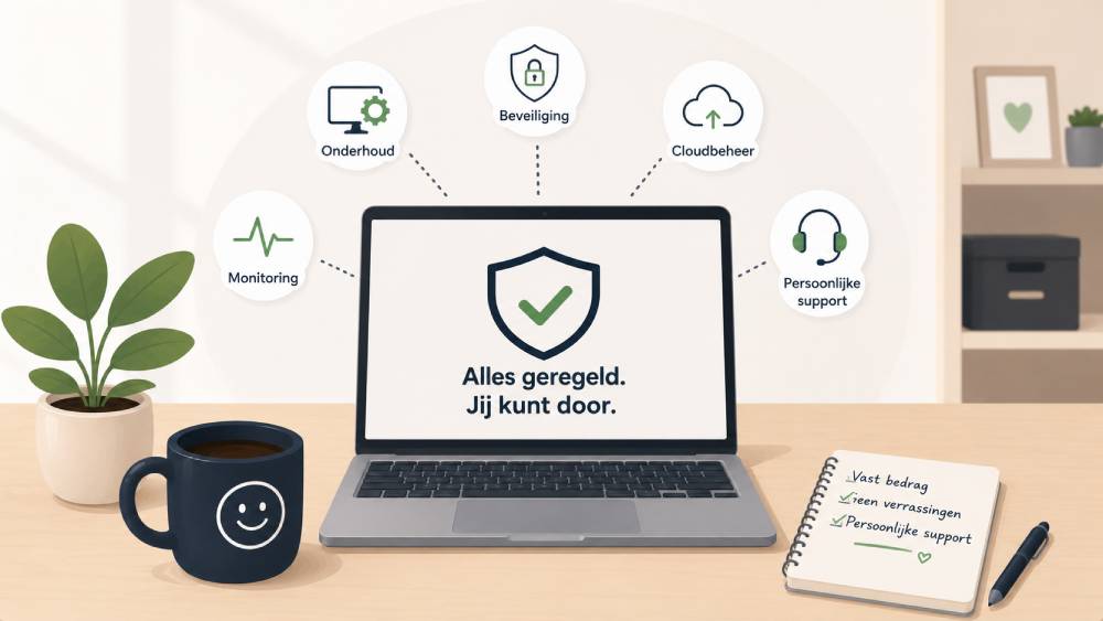 Rustige illustratie van een laptop met een beveiligingsschild en koffiemok als symbool voor zorgeloos ICT beheer