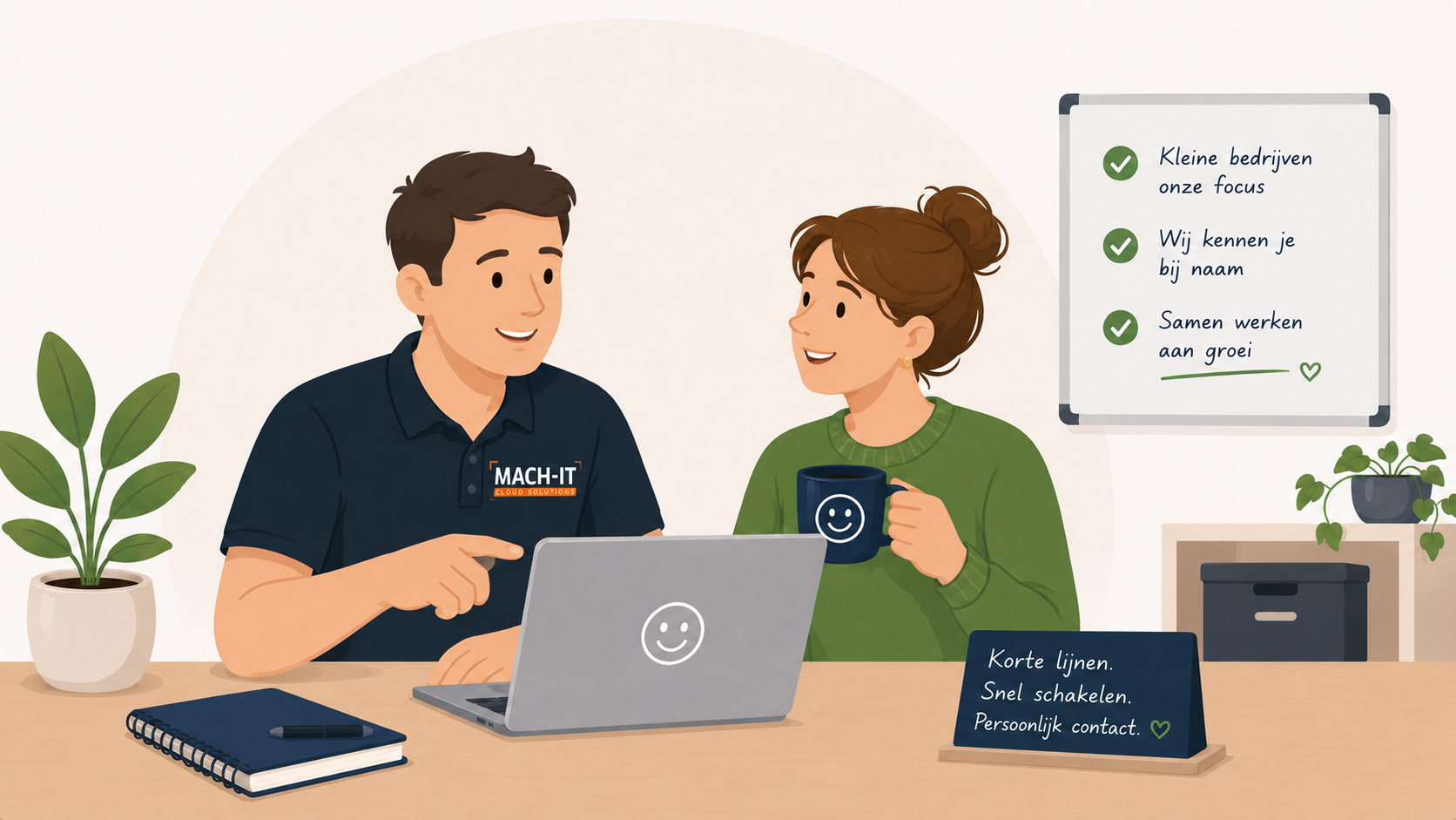 Rustige illustratie van een kleine kantoorwerkplek met een laptop, koffiemok en persoonlijke sfeer als symbool voor ICT voor kleine bedrijven